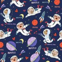 modèle sans couture de pépinière. mignons petits carlins astronautes dessinés à la main dans l'espace. chiots, étoiles, planètes, vaisseaux spatiaux, fusées. vecteur