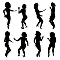 femmes en robe maigre dansant des silhouettes noires. ensemble de formes de fille bouclée disco en mouvement. poses abstraites de fête. illustration vectorielle pour flyer, affiche, carte, concept de vacances. vecteur