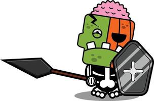 personnage de dessin animé costume illustration vectorielle citrouille zombie mascotte tenant bouclier et lance vecteur