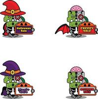 personnage de dessin animé costume illustration vectorielle mascotte de poupée zombie mignon tenant planche de jeu de vente halloween vecteur