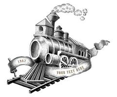 l'ancien train logo design main dessiner vintage gravure style noir et blanc clipart isolé sur fond blanc vecteur