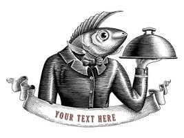 le garçon poisson homme logo main dessiner vintage gravure style noir et blanc clipart isolé sur fond blanc vecteur