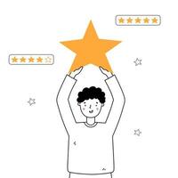 une personne souriante tient une étoile et donne des commentaires ou une note positive. évaluation client, concept d'expériences utilisateur. illustration vectorielle dans un style doodle. contrôle de la qualité des produits.