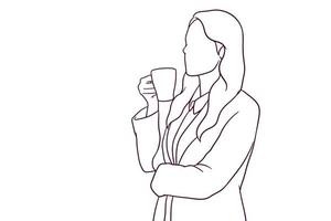 femme d'affaires boit une tasse de café en position debout. illustration vectorielle de style dessiné à la main vecteur