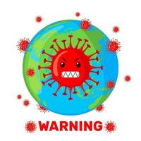 planète terre avec des bactéries coronavirus de dessin animé dans un style plat isolé sur fond blanc. 2019-ncov consept. pandémie covid-19. illustration vectorielle. vecteur
