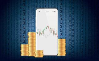 marché boursier ou concept de retour sur investissement avec application mobile. graphique de trading forex avec smartphone et pièces sur fond de code binaire bleu, indicateurs de vente et d'achat. échange de crypto-monnaie. vecteur