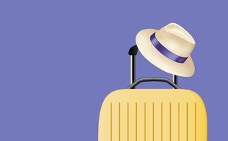 valise jaune de voyage avec chapeau sur très péri, couleur 2022, arrière-plan. espace de copie. vacances d'été. prêt à partir, concept de voyage. illustration vectorielle vecteur
