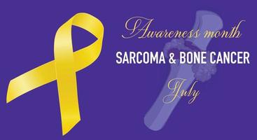 le concept de bannière du mois de sensibilisation au cancer des os du sarcome est célébré chaque juillet. ruban jaune sur fond bleu. illustration vectorielle vecteur