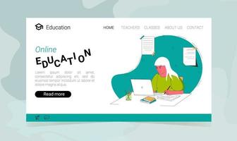 page de destination de l'éducation en ligne avec une fille qui étudie avec un ordinateur. illustration vectorielle dans un style plat. le concept d'illustration de l'éducation en ligne. vecteur