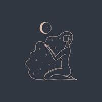 fille de la lune. illustration de concept féminin, belle silhouette de femmes ésotériques et modèle de logo vecteur