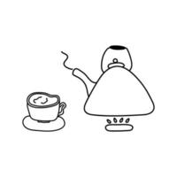 image doodle d'une bouilloire bouillante avec une tasse de boisson chaude vecteur