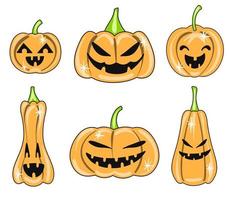 ensemble de citrouilles d'halloween mignonnes avec des visages effrayants. autocollants d'octobre en style cartoon. vecteur