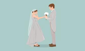 un marié donne un bouquet à la mariée lors d'un mariage adulte en couple robe grise vecteur