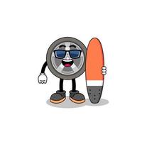 caricature de mascotte de roue de voiture en tant que surfeur vecteur