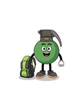 illustration de la mascotte de la grenade en tant que randonneur vecteur