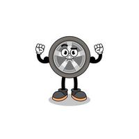 caricature de mascotte de roue de voiture posant avec muscle vecteur