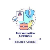 icône de concept de certificat de vaccination des animaux de compagnie. effets personnels et documents idée abstraite illustration en ligne mince. dessin de contour isolé. trait modifiable. vecteur