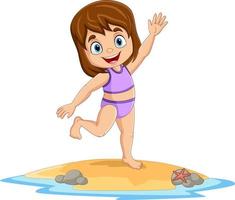 dessin animé heureuse petite fille en maillot de bain sur la plage vecteur