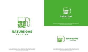 création de logo de gaz naturel, pompe à essence avec modèle d'icône de conception de logo de feuille