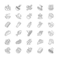 ensemble d'icônes linéaires de plats de menu. salades, premier repas, plats principaux. burger, boisson, dessert. restauration rapide, repas au restaurant. symboles de contour de ligne mince. illustrations vectorielles isolées. trait modifiable vecteur