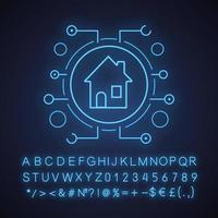 icône de lumière néon de maison intelligente. maison intelligente dans les voies des micropuces. signe lumineux avec alphabet, chiffres et symboles. illustration vectorielle isolée vecteur