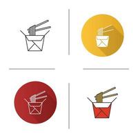 nouilles chinoises dans une boîte en papier et une icône de baguettes. nouilles au wok. design plat, styles linéaires et de couleur. illustrations vectorielles isolées vecteur