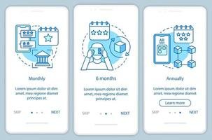 écran de page d'application mobile d'intégration d'abonnement à l'outil ar avec des concepts linéaires. instructions graphiques en trois étapes. tarifs mensuels ou annuels. ux, ui, modèle vectoriel gui avec illustrations