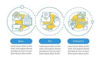 modèle d'infographie vectorielle d'abonnement au marketing par e-mail. éléments de conception de présentation d'entreprise. tarif pro. visualisation des données, trois étapes. graphique chronologique du processus. mise en page du flux de travail, icônes linéaires vecteur