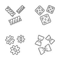 ensemble d'icônes linéaires de types de nouilles de pâtes. différentes formes de macaronis. gemelli, ravioli, stèle, farfalle. nourriture italienne. symboles de contour de ligne mince. illustrations vectorielles isolées. trait modifiable vecteur