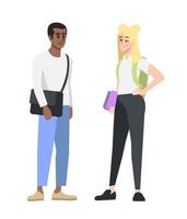 illustration vectorielle plane lycéens. écoliers multiculturels adolescents parlant des personnages de dessins animés. adolescents multiraciaux à l'école en train de parler. fille caucasienne et fille à la peau foncée communiquant vecteur