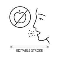 icône linéaire d'allergie aux fruits. intolérance alimentaire. humain allergique aux pommes. régime alimentaire restrictif. problème médical. illustration de la ligne mince. symbole de contour. dessin de contour isolé de vecteur. trait modifiable vecteur