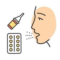 icône de couleur de traitement des allergies. utilisation de médicaments antihistaminiques. soulager les symptômes d'allergie. traitement avec des pilules et des gouttes. médicament de la rhinite allergique. soins de santé médicaux. illustration vectorielle isolée vecteur