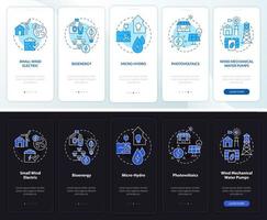 écran d'application mobile d'intégration en mode nuit et jour de la technologie re. pas à pas en 5 étapes pages d'instructions graphiques avec des concepts linéaires. ui, ux, modèle gui vecteur