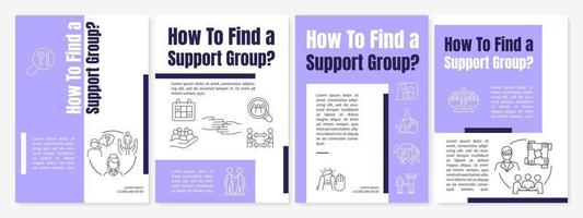 Trouver un modèle de brochure violet de groupes de soutien. Rencontre. conception d'impression de livret avec des icônes linéaires. mises en page vectorielles pour la présentation, les rapports annuels, les publicités vecteur