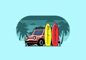 petite voiture et illustration de deux planches de surf vecteur