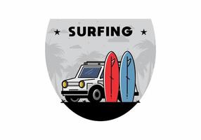 petite voiture et illustration de deux planches de surf vecteur