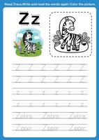 lettre de l'alphabet z avec vocabulaire de dessin animé pour illustration de livre à colorier, vecteur