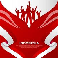 conception moderne de la fête de l'indépendance de l'indonésie avec une silhouette de jeunesse joyeuse et un vecteur de drapeau ondulé