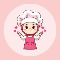 mignon et kawaii hijab femme chef ou boulanger avec signe d'amour dessin animé manga chibi conception de personnages vectoriels vecteur