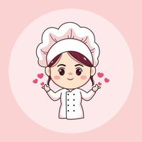 mignon et kawaii femme chef ou boulanger avec signe d'amour dessin animé manga chibi conception de personnages vectoriels vecteur