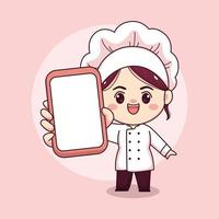 mignon et kawaii femme chef ou boulanger tenant téléphone dessin animé manga chibi conception de personnages vectoriels
