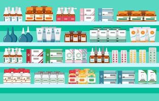 étagère à médicaments. vitrine pharmacie. fond d'illustration vectorielle avec des produits de formacologie. vecteur