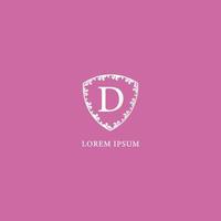 d lettre modèle de conception de logo initial luxe argent décoratif floral bouclier illustration isolé sur fond de couleur rose. adapté aux produits d'assurance, de mode et de beauté. vecteur