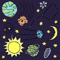 icônes de l'espace. fond de cosmos. illustration de l'espace vectoriel doodle avec planètes, comètes, étoiles, lune, soleil et trou noir