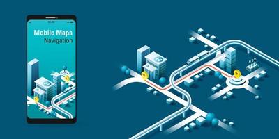 navigation sur cartes mobiles et concept de suivi. plan de ville isométrique, conception d'applications, infographie. illustration vectorielle