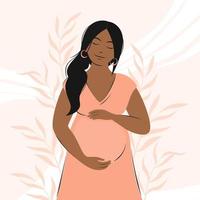 femme enceinte, future maman d'apparence africaine, debout dans la nature et étreignant le ventre avec les bras. santé, soins, grossesse, concept de maternité. illustration vectorielle plane.