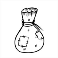 sac en toile attaché avec une corde dans un style doodle. image dessinée à la main pour l'impression, l'autocollant, le web, divers modèles. élément vectoriel pour les thèmes de l'argent, des trésors.