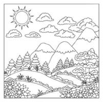 page de coloriage de vecteur de conception pour le paysage de montagne pour enfants