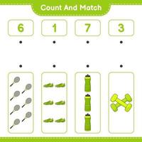 comptez et faites correspondre, comptez le nombre de bouteilles d'eau, de raquettes de tennis, de chaussures de football, d'haltères et faites correspondre les bons chiffres. jeu éducatif pour enfants, feuille de calcul imprimable, illustration vectorielle vecteur