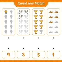 comptez et faites correspondre, comptez le nombre de trophées, de chaussures de course, de raquettes de badminton et faites correspondre les bons numéros. jeu éducatif pour enfants, feuille de calcul imprimable, illustration vectorielle vecteur